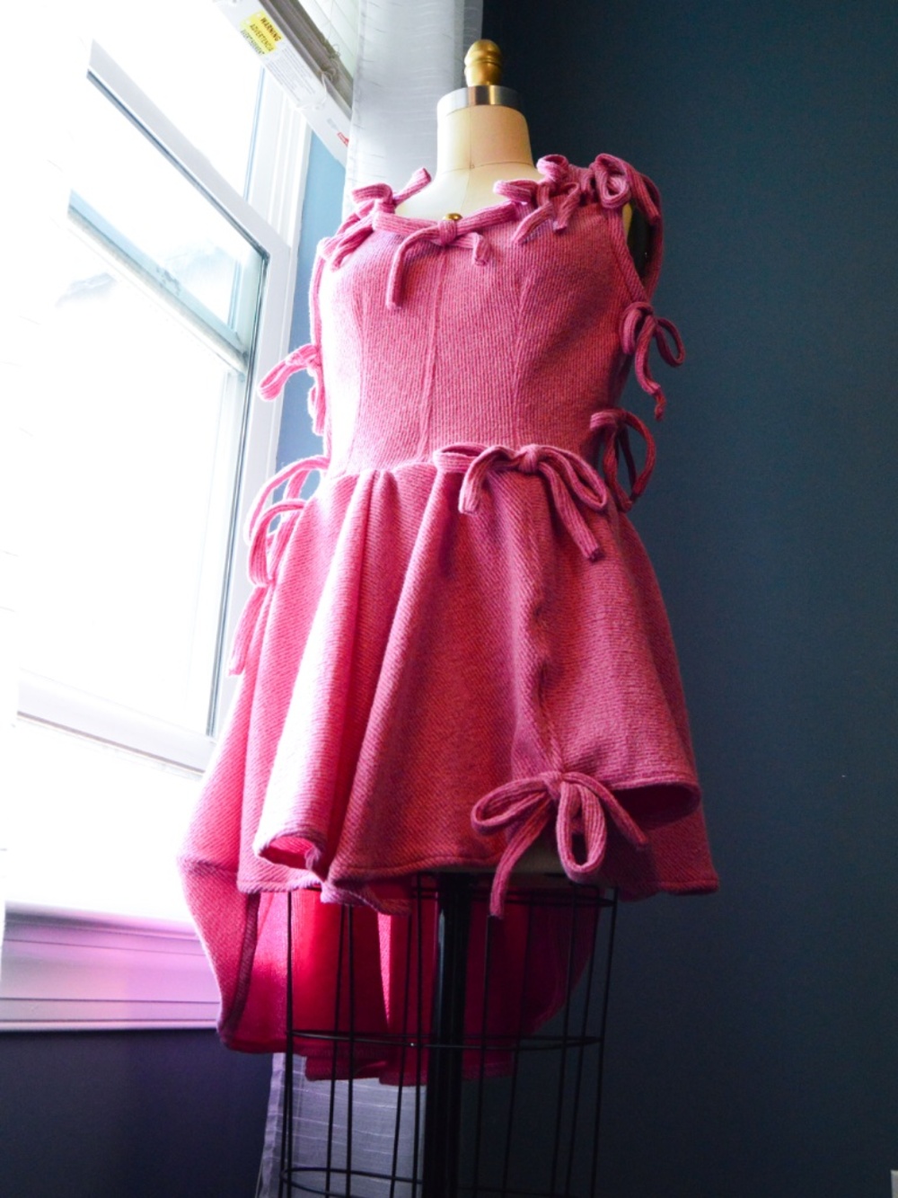 One of One Handmade, Dusty Pink Asymmetrical Soft Knit Mini Dress, with Bows - Picture 14 of 17